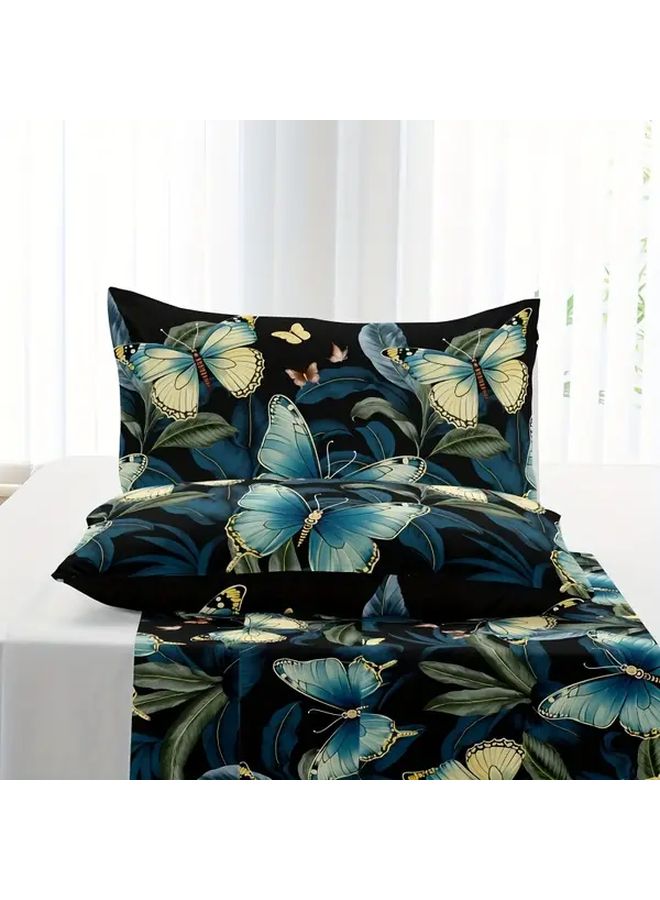 Navy Blue Queen Size Brushed Polyester Duvet Cover Set With Pillowcases Butterfly Print - Image 4